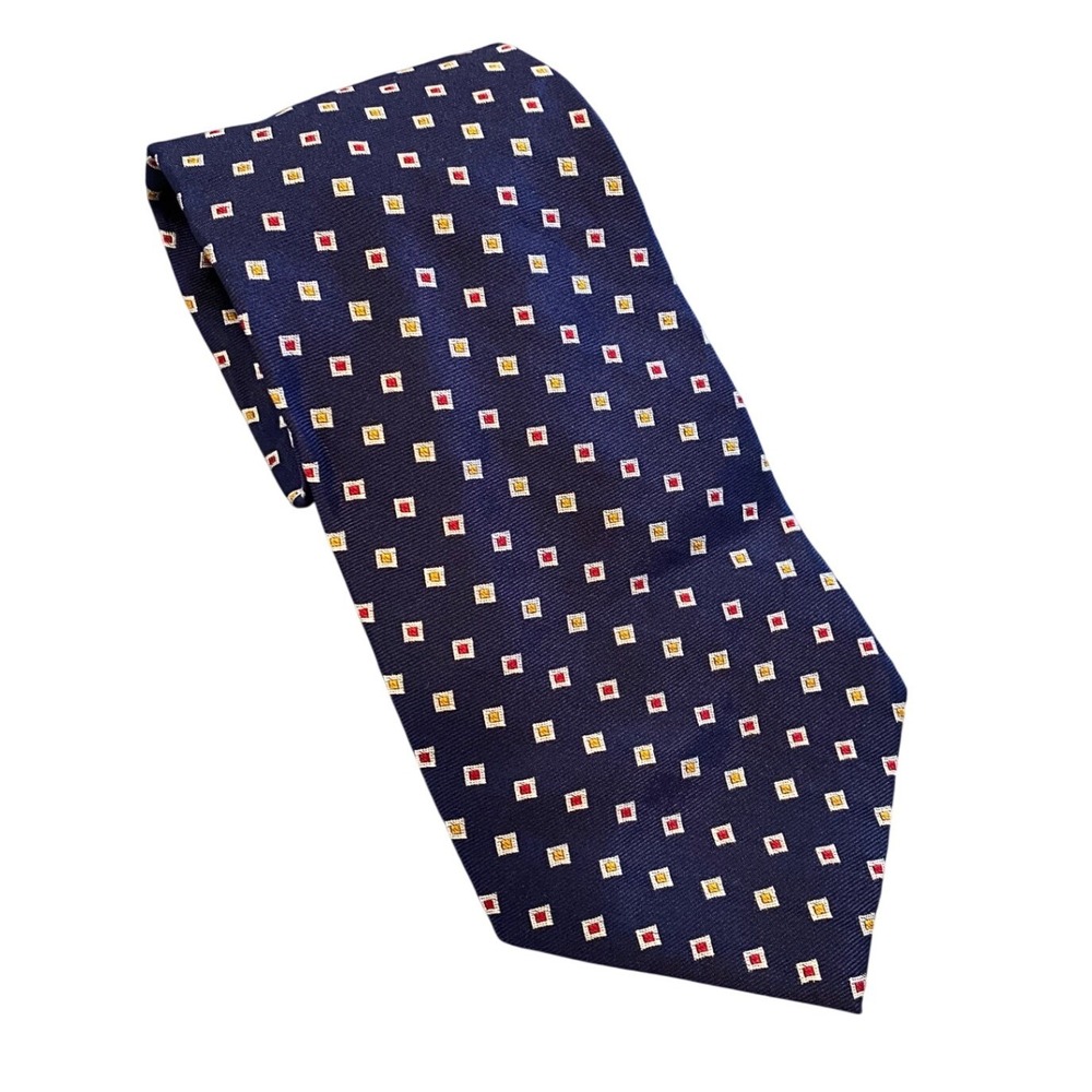 Lauren Ralph Lauren Mens Silk Tie Navy Blue Red Gold Geometric Squares USA‎ Made